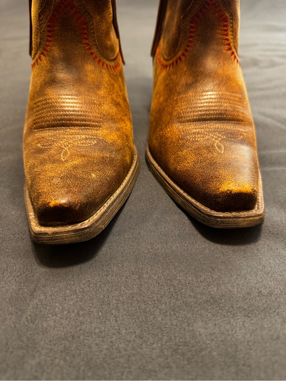 Ariat Brown Leather Western Heeled Boots with Red Stitching - Picture 3 of 10